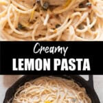 Lemon pasta in a cream sauce with text overlay.