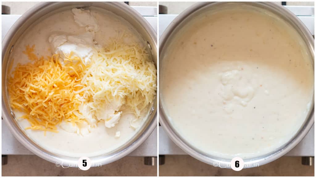 making cheesy cream sauce in a large pot.