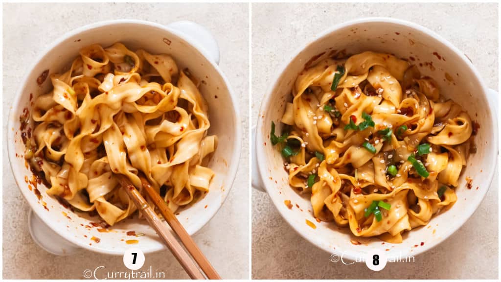 tossing wheat noodles in spicy hot chili oil.