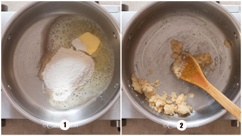 picture collage of making a roux for mac and cheese.