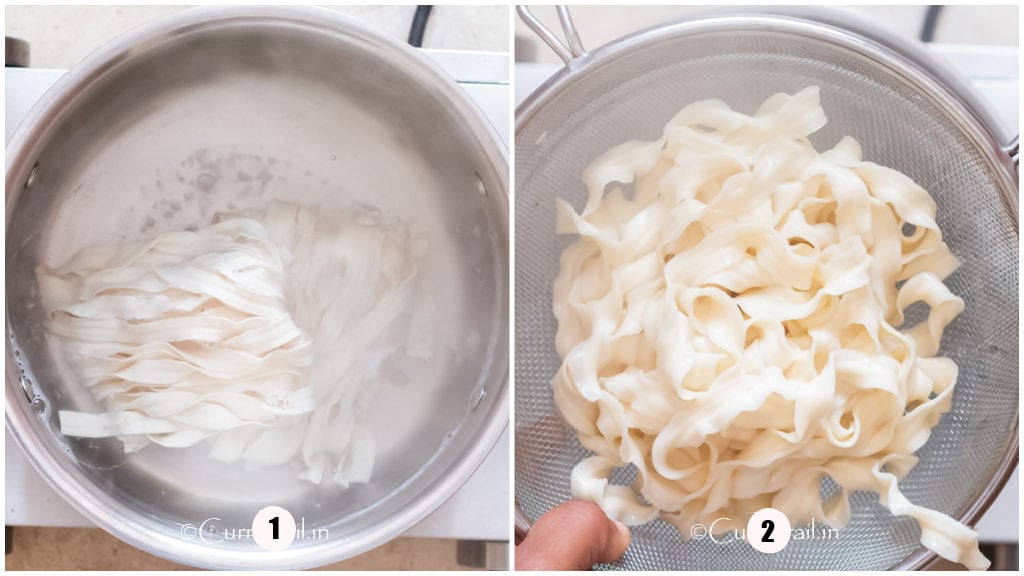 collage of cooking wheat noodles.