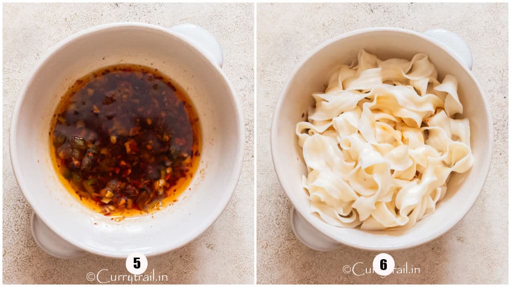 collage of tossing noodles in chili oil.