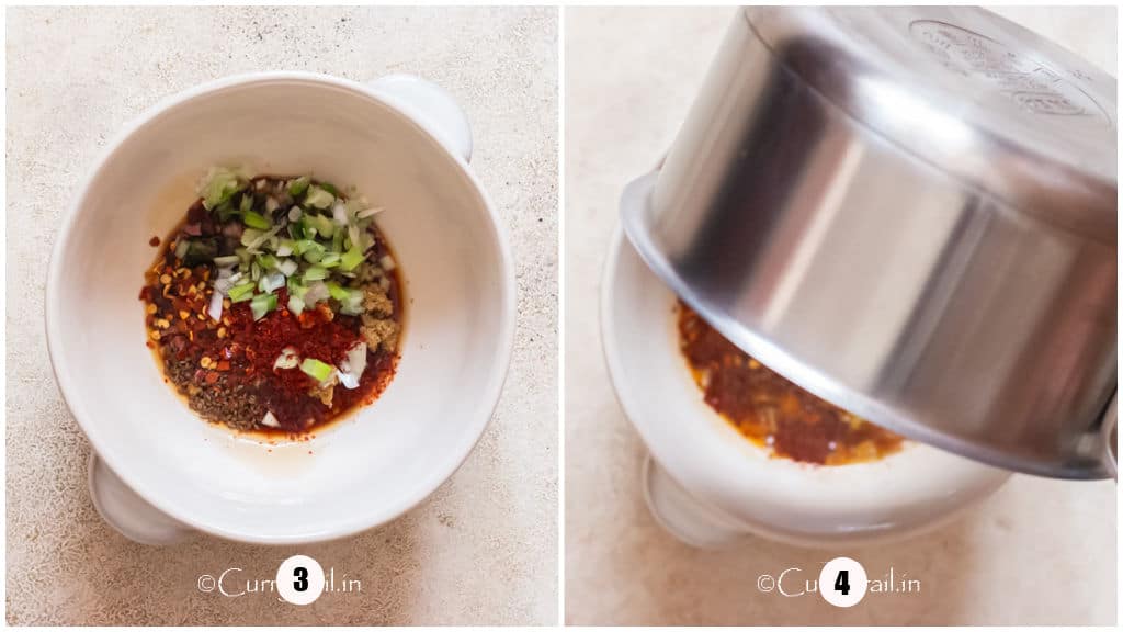 picture collage of making spicy garlic chili oil for noodles.