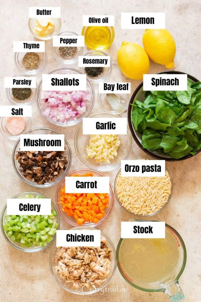 all the ingredients for lemon chicken orzo soup arranged on white table.