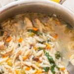 chicken orzo soup in a pot.