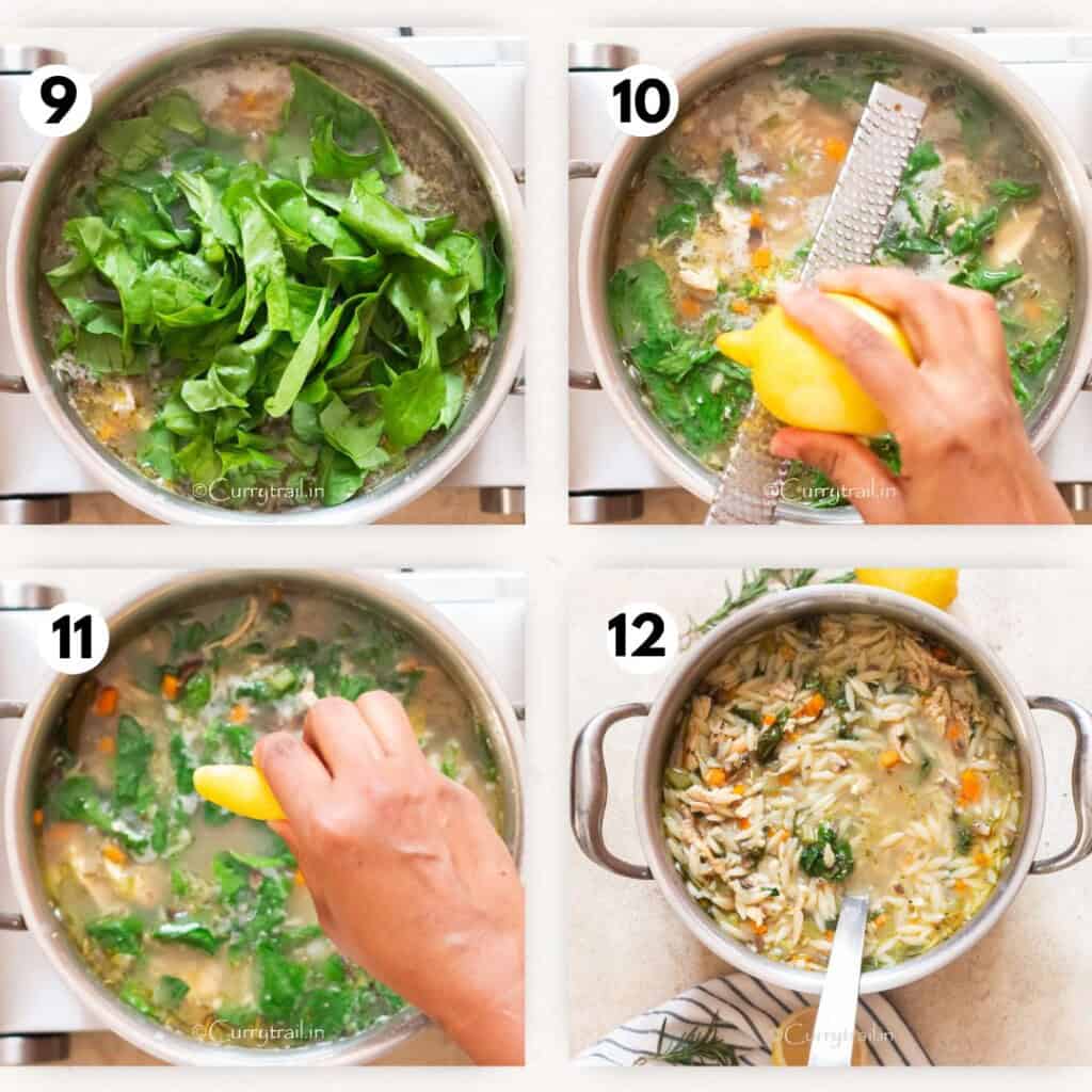 Picture collage of cooking orzo soup with chicken and lemon.