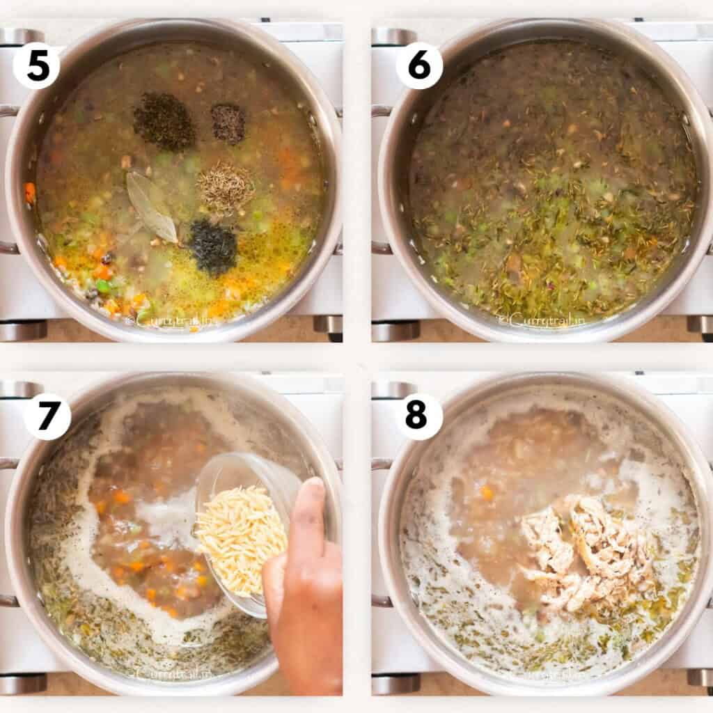 Picture collage of cooking orzo soup with chicken and lemon.