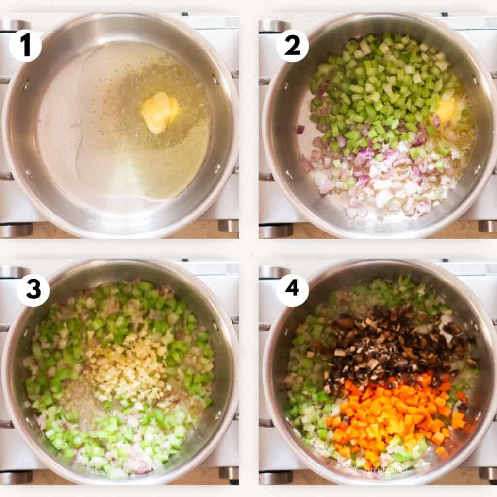 picture collage of cooking aromats for chicken orzo soup.