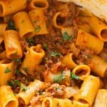 pasta with bolognese sauce made of ground lamb and veggies.