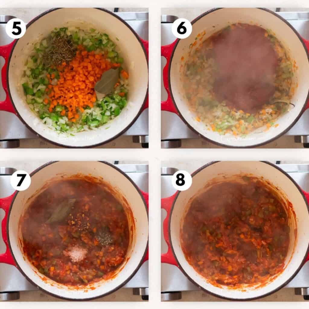 picture collage of making lamb Bolognese sauce in Dutch oven.