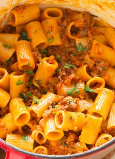 rigatoni pasta in lamb bolognese sauce.