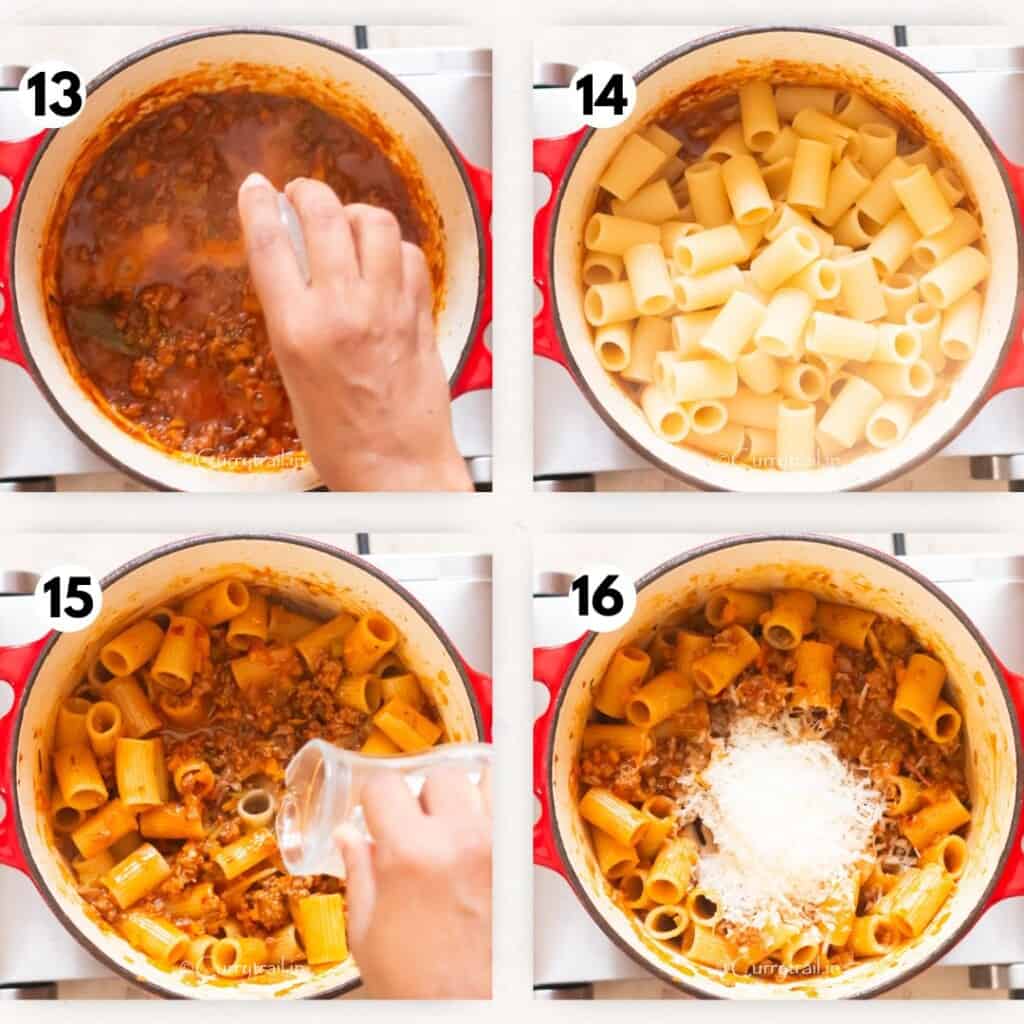 step by step picture collage of making sauce for bolognese.