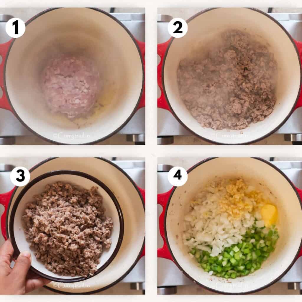 picture collage of browning lamb for Bolognese sauce in Dutch oven.