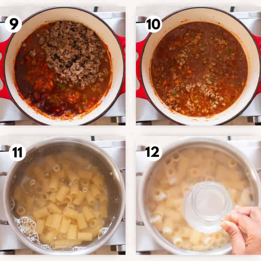 step by step picture collage of making bolognese sauce in Dutch oven.