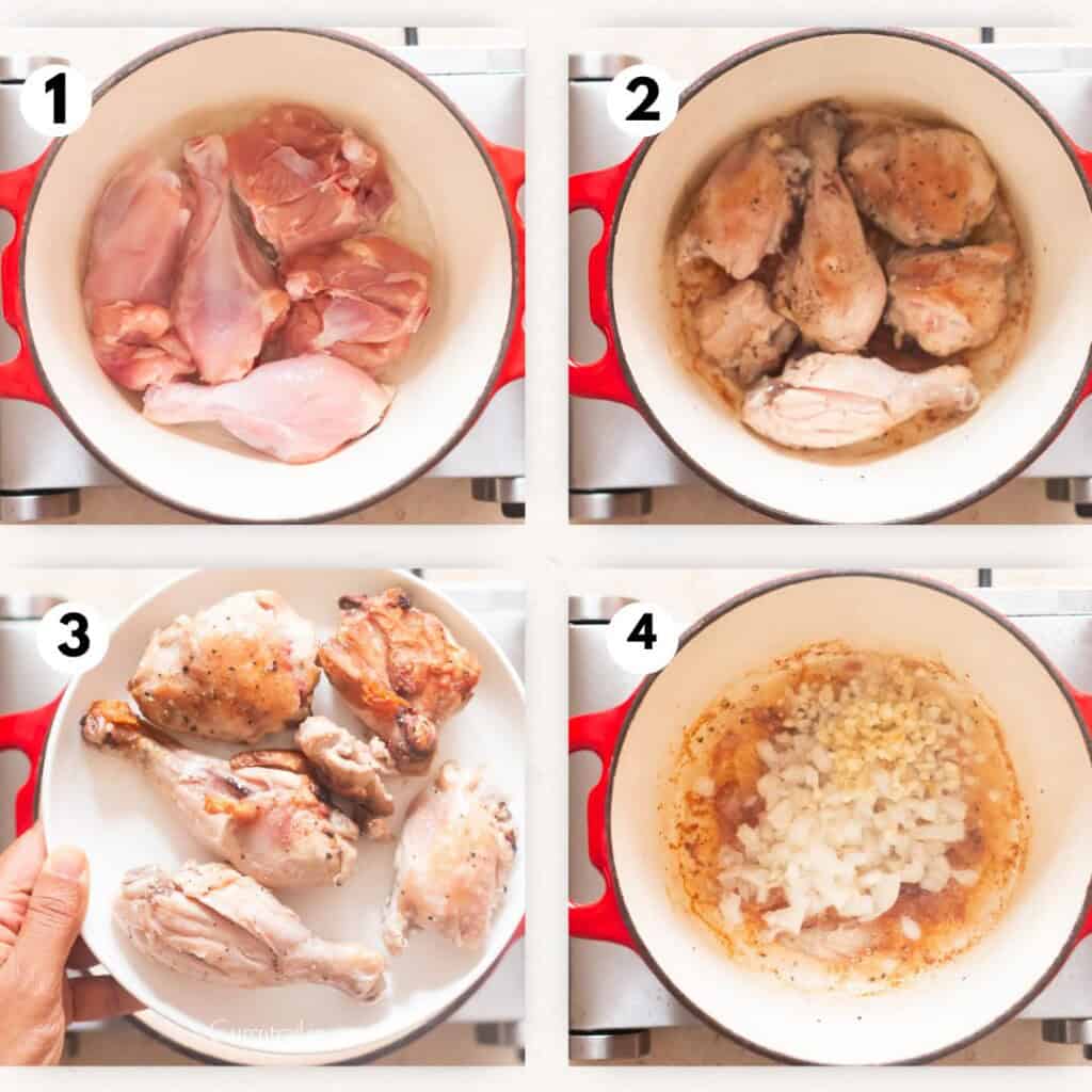 Searing chicken thighs and drumsticks in a large pot.