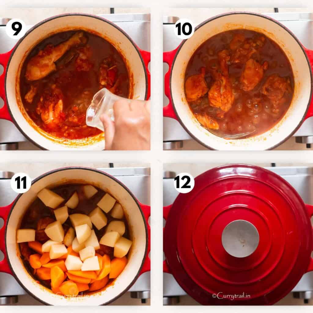 picture collage of making Filipino chicken stew in a large pot with carrots and potatoes.