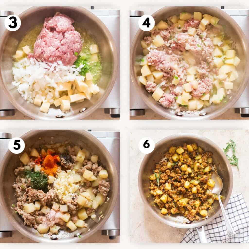 collage of cooking ground lamb with potatoes in a skillet.