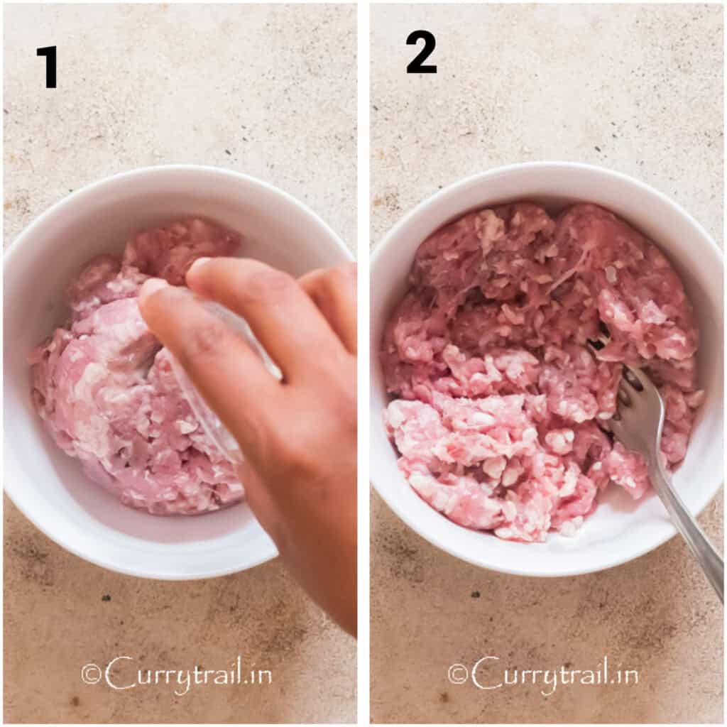 ground lamb mixed with baking soda in a bowl.