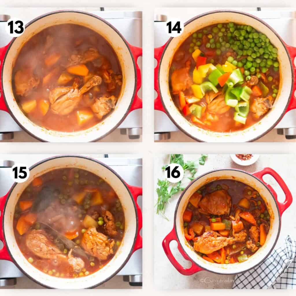 picture collage of making Filipino chicken stew in a large pot with carrots and potatoes.