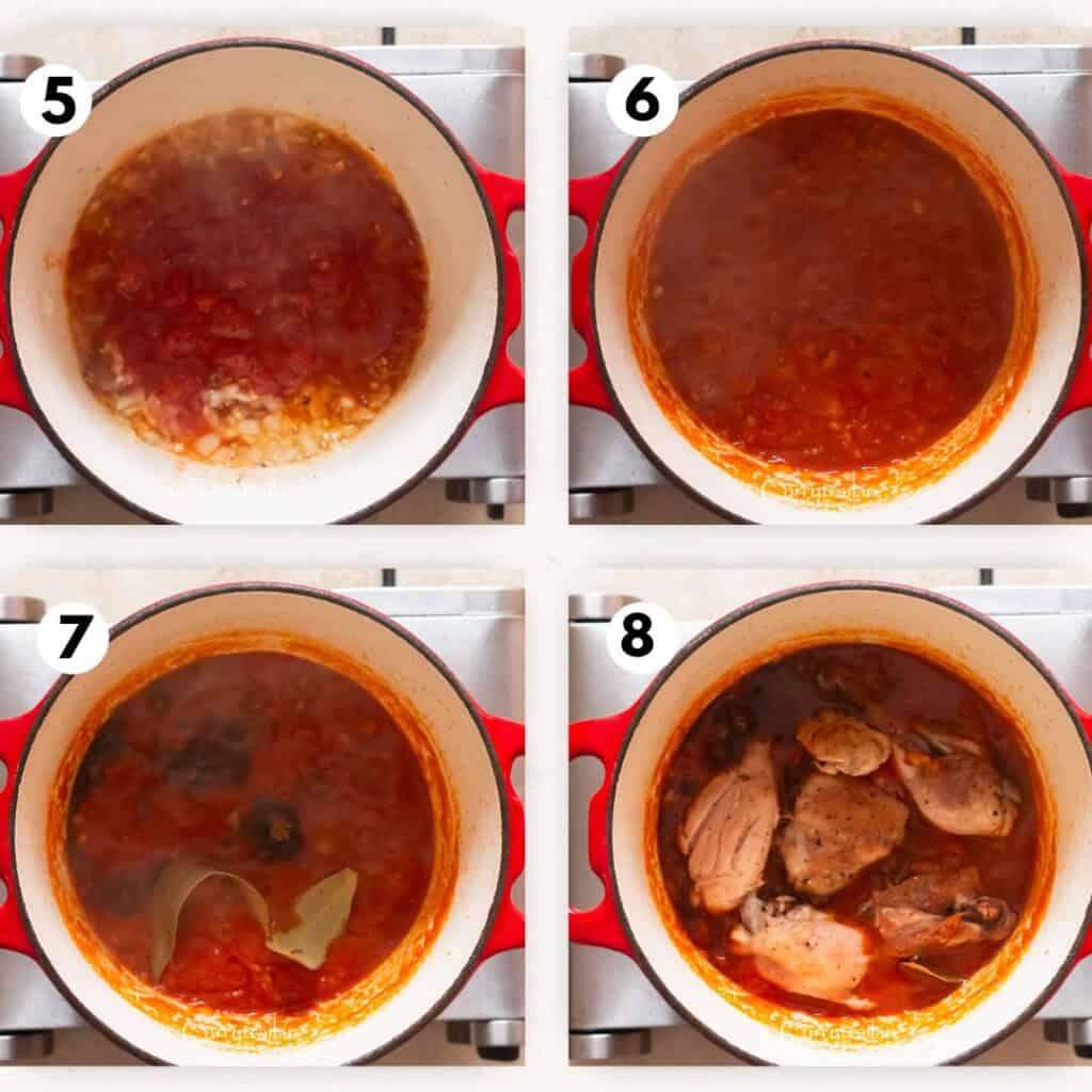 picture collage of making Filipino chicken stew in a large pot with carrots and potatoes.