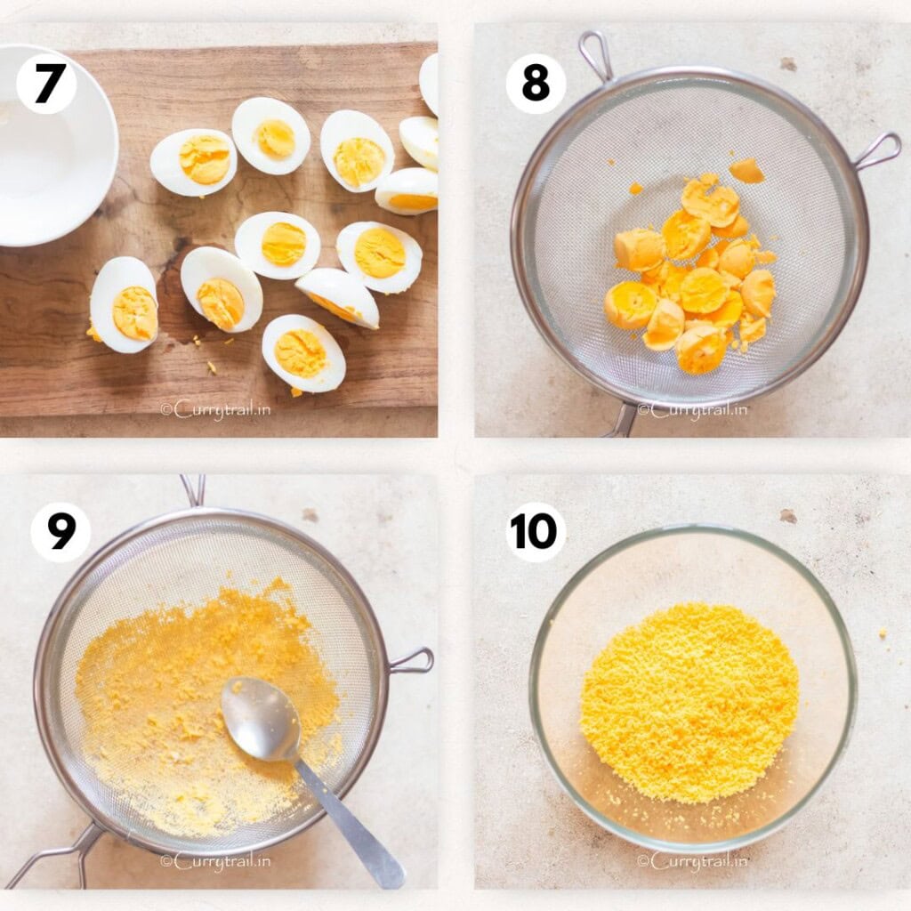 picture collage of mixing pasta and egg yolk mayo filling.