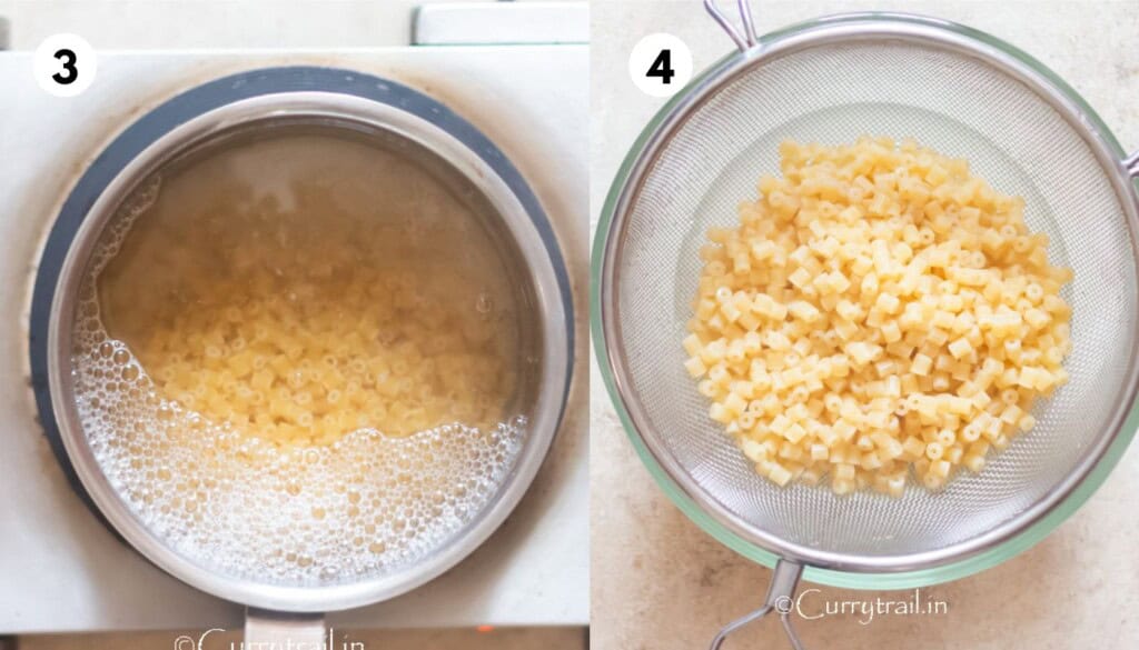 picture collage of cooking ditalini pasta.