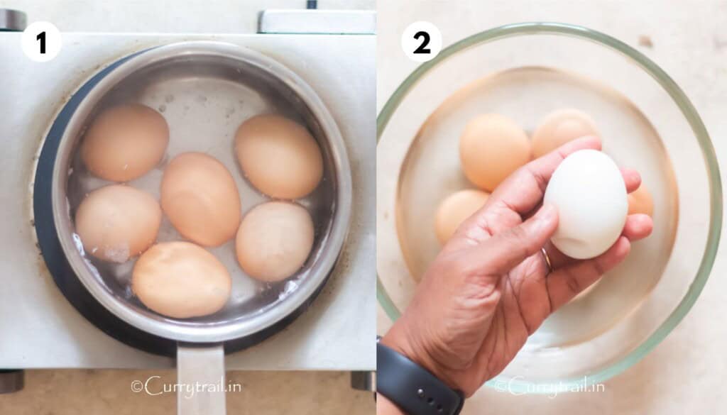 collage of cooking hard-boiled eggs.