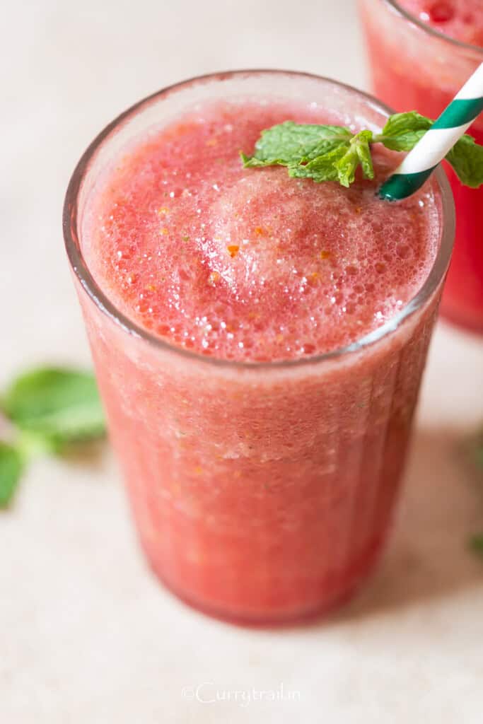 frozen watermelon slushie with mint leaves.