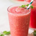 frozen watermelon slushie with mint leaves.