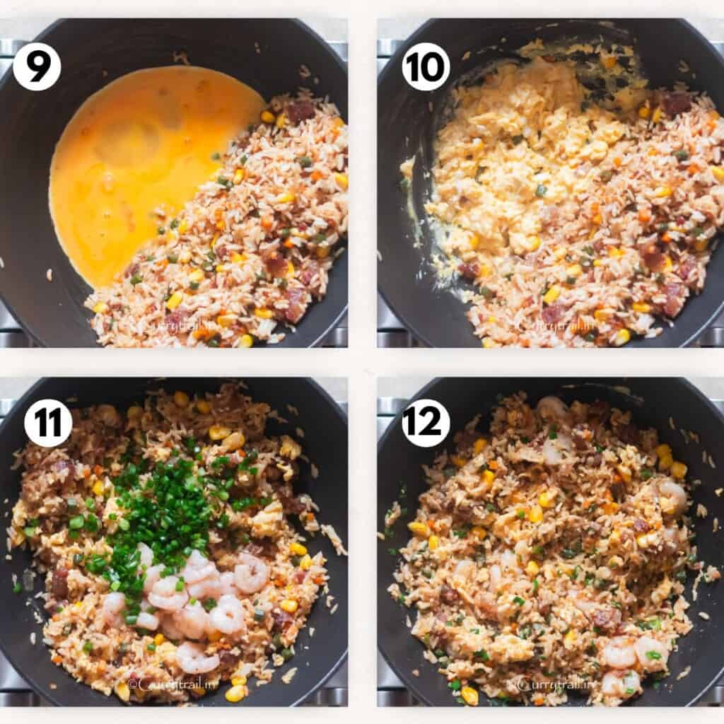 picture collage of cooking eggs with rice for fried rice in a wok.