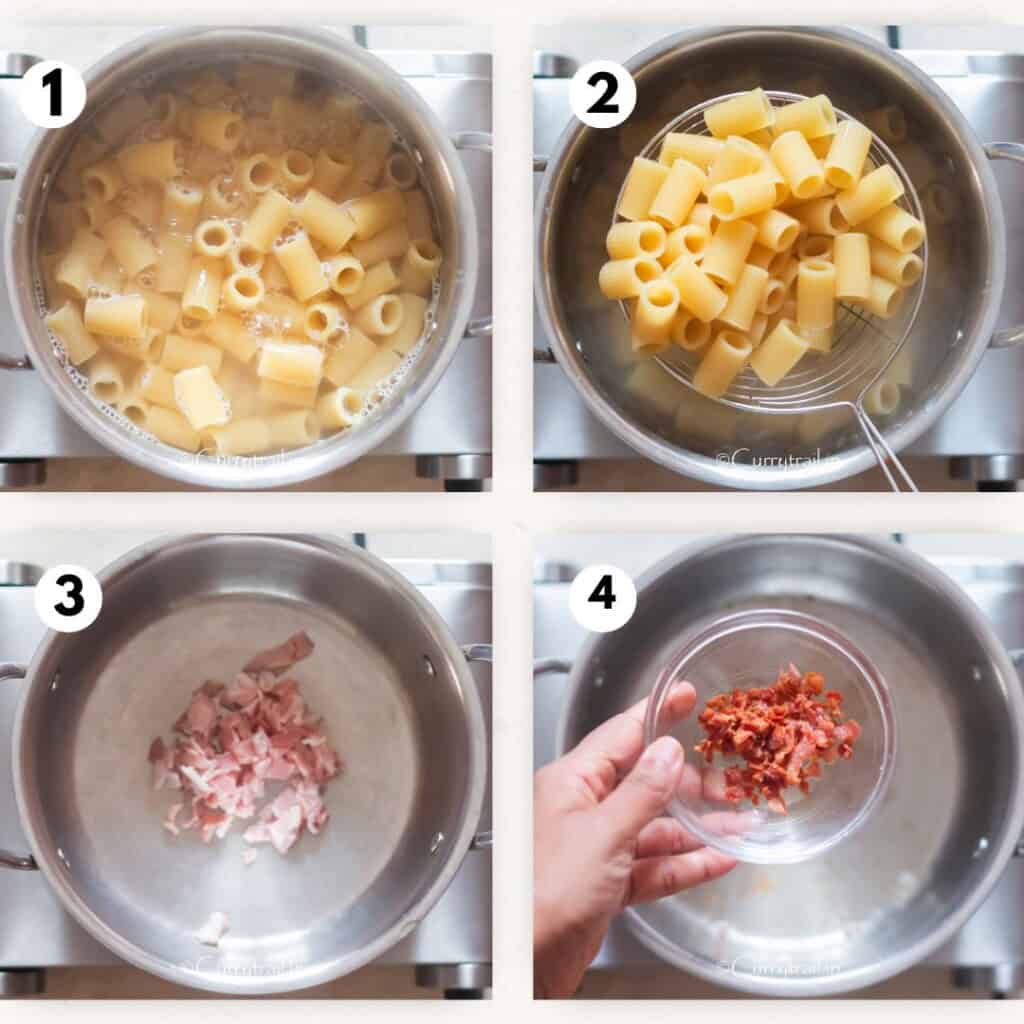 picture collage of cooking pasta and browning bacon.