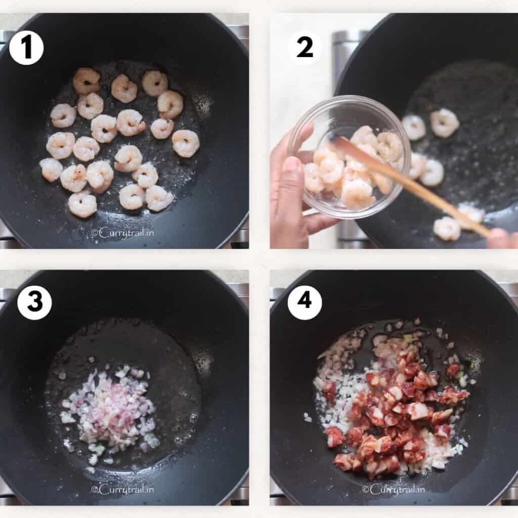 collage picture of cooking shrimp and Chinese sausage in a wok.