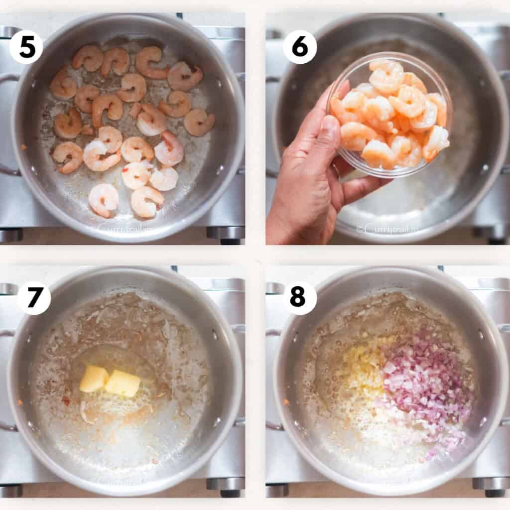 collage picture of cooking shrimp and sautéing shallots.