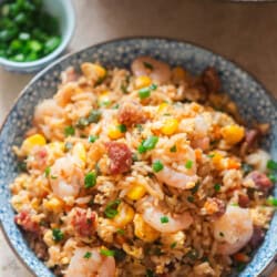 Vietnamese style fried rice in a bowl with green onions on the side.