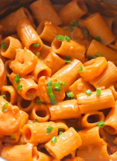 rigatoni pasta in creamy gochujang sauce.