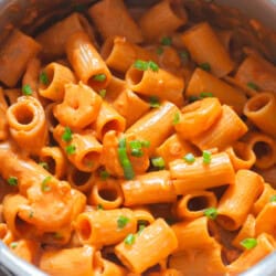 rigatoni pasta and shrimp in creamy Korean gochujang paste sauce.