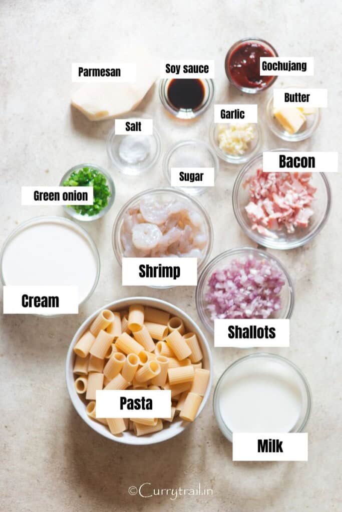 all ingredients for gochujang pasta on a table.