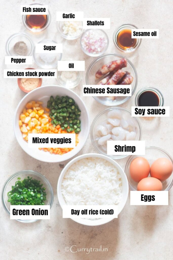 all ingredients for fried rice Vietnam style arranged on a table.