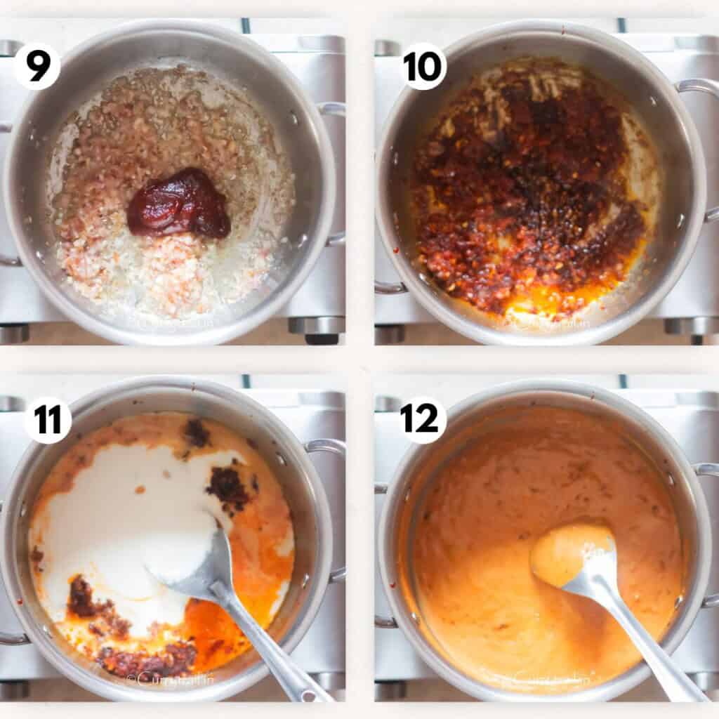 collage picture of cooking gochujang paste for creamy sauce.