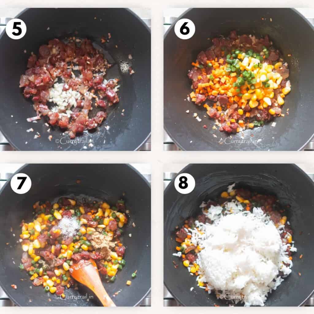 photo collage of cooking vegetables and Chinese sausage in a wok.