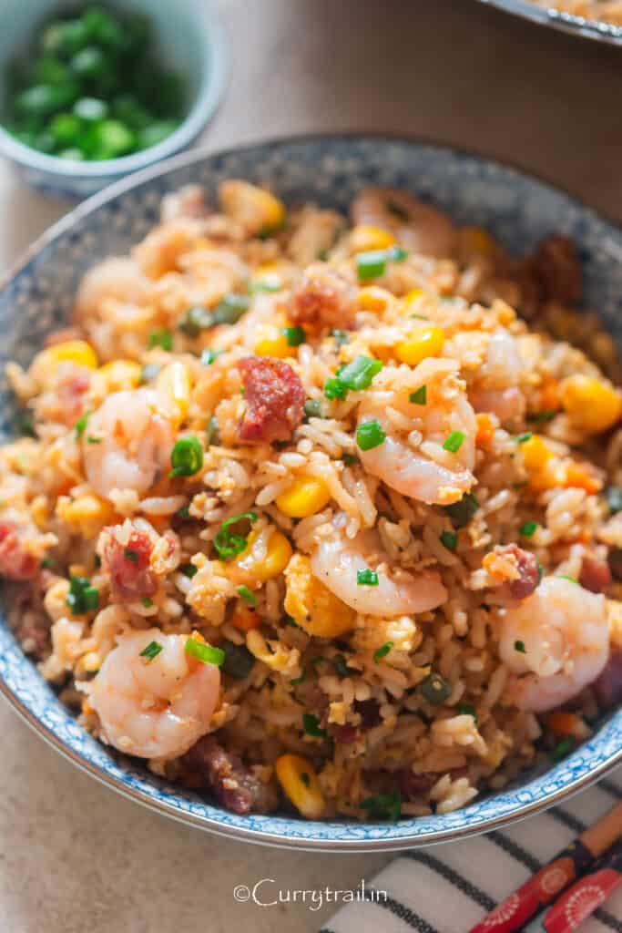 Vietnamese style fried rice in a bowl with green onions on the side.