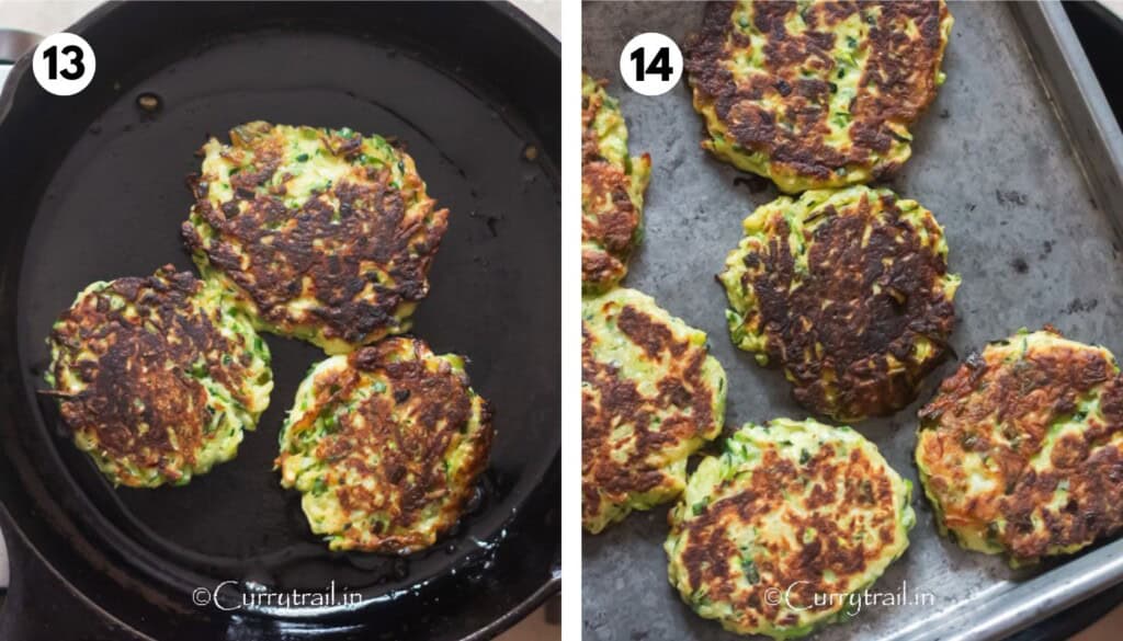 golden brown fritters of zucchini placed on baking tray.