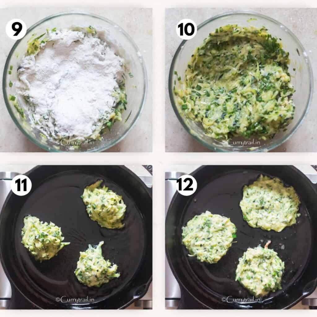 zucchini batter cooked into fritters in hot pan.