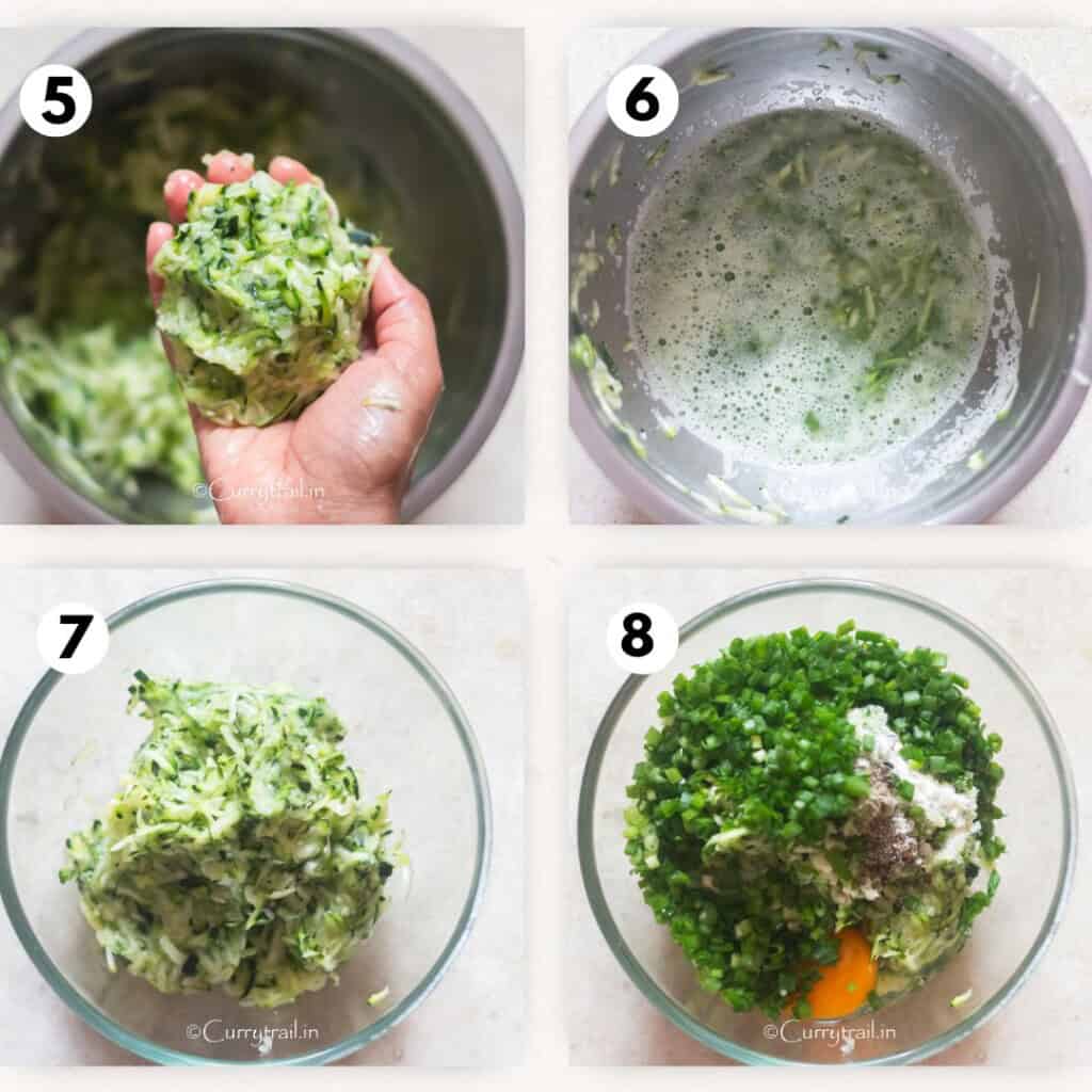 collage picture of squeezing out water from shredded zucchini.