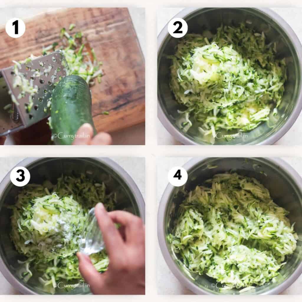 Picture collage of grating zucchini and adding salt to it.