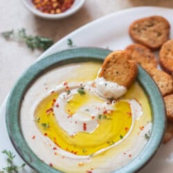 cannellini bean dip served with garlic toast.