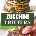 fritters made of zucchini stacked one top of each other with sour cream on top.