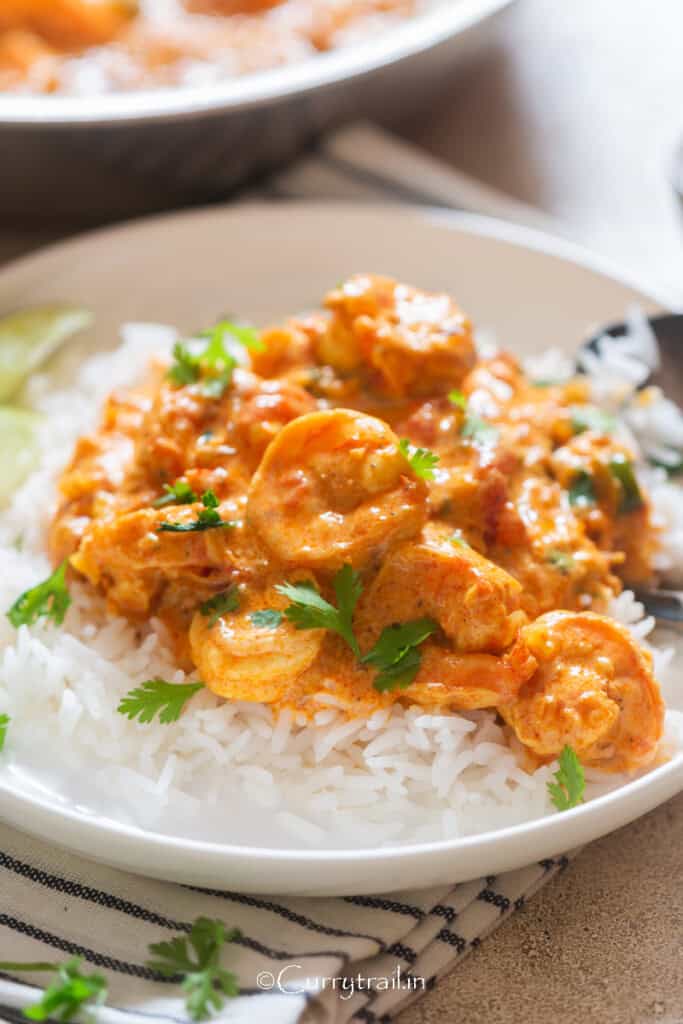 rich shrimp curry served over jasmine rice.