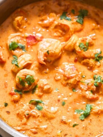 coconut shrimp curry in a pan.