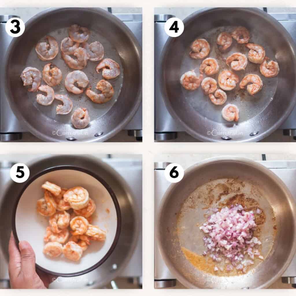 searing shrimp in coconut oil in a pan.